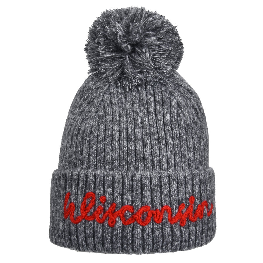 Wisconsin Rope Text Gray Pom Hat